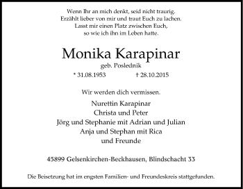 Traueranzeige von Monika Karapinar von Tageszeitung