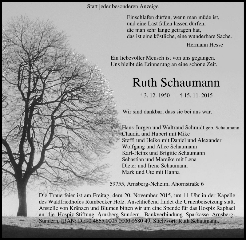  Traueranzeige für Ruth Schaumann vom 17.11.2015 aus Tageszeitung