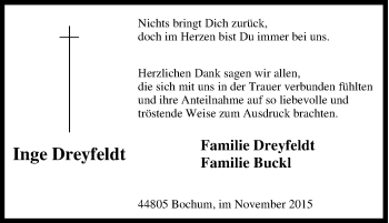 Traueranzeige von Inge Dreyfeldt von Tageszeitung