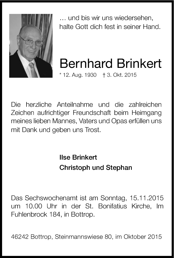  Traueranzeige für Bernhard Brinkert vom 11.11.2015 aus Tageszeitung