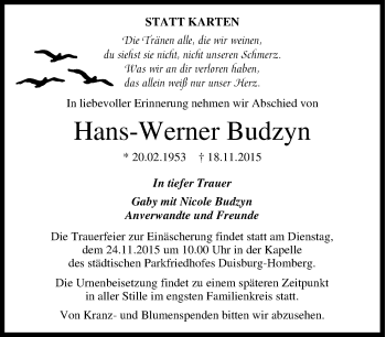 Traueranzeige von Hans-Werner Budzyn von Tageszeitung