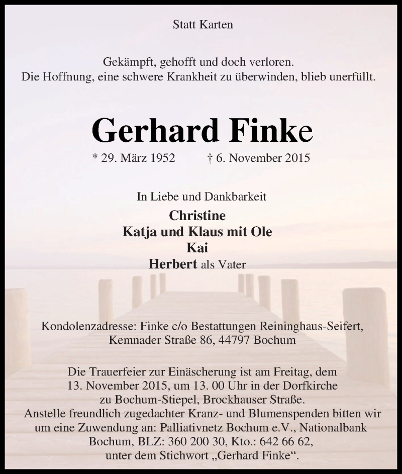  Traueranzeige für Gerhard Finke vom 10.11.2015 aus Tageszeitung