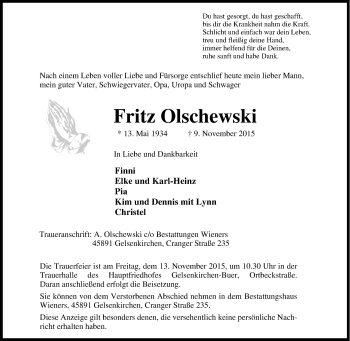 Traueranzeige von Fritz Olschewski von Tageszeitung