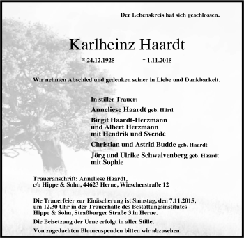 Traueranzeige von Karlheinz Haardt von Tageszeitung