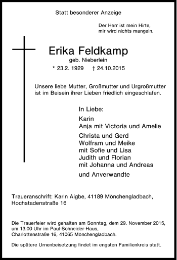 Traueranzeige von Erika Feldkamp von Tageszeitung