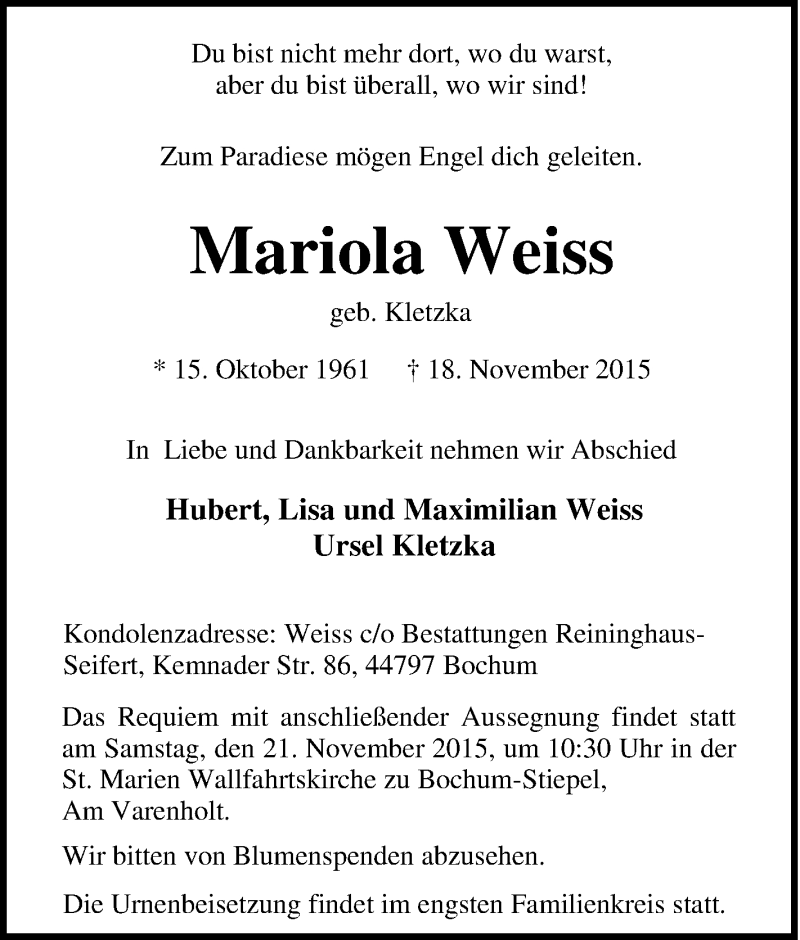  Traueranzeige für Mariola Weiss vom 20.11.2015 aus Tageszeitung