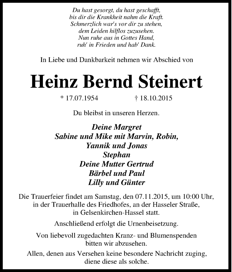  Traueranzeige für Heinz Bernd Steinert vom 02.11.2015 aus Tageszeitung