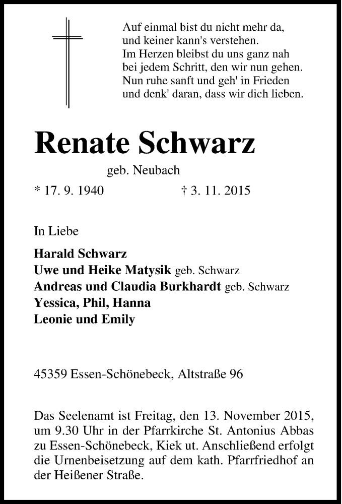  Traueranzeige für Renate Schwarz vom 10.11.2015 aus Tageszeitung