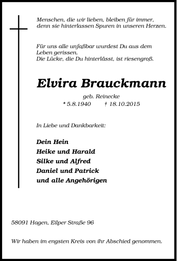 Traueranzeige von Elvira Brauckmann von Tageszeitung