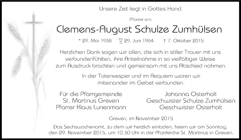  Traueranzeige für Clemens-August Schulze Zumhülsen vom 21.11.2015 aus Tageszeitung