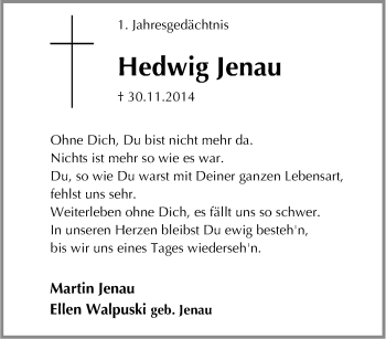 Traueranzeige von Hedwig Jenau von Tageszeitung