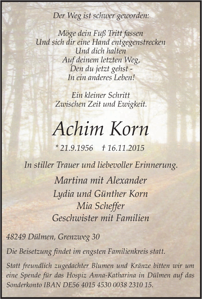  Traueranzeige für Achim Korn vom 21.11.2015 aus Tageszeitung