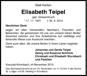 Traueranzeige von Elisabeth Teipel von Tageszeitung