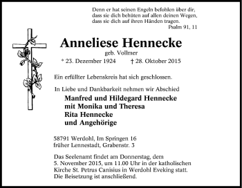 Traueranzeige von Anneliese Hennecke von Tageszeitung