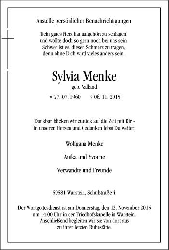 Traueranzeige von Sylvia Menke von Tageszeitung