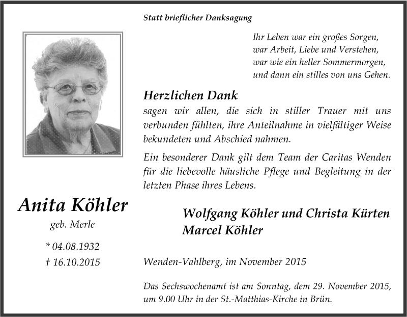  Traueranzeige für Anita Köhler vom 20.11.2015 aus Tageszeitung