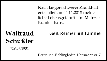 Traueranzeige von Waltraud Schüßler von Tageszeitung