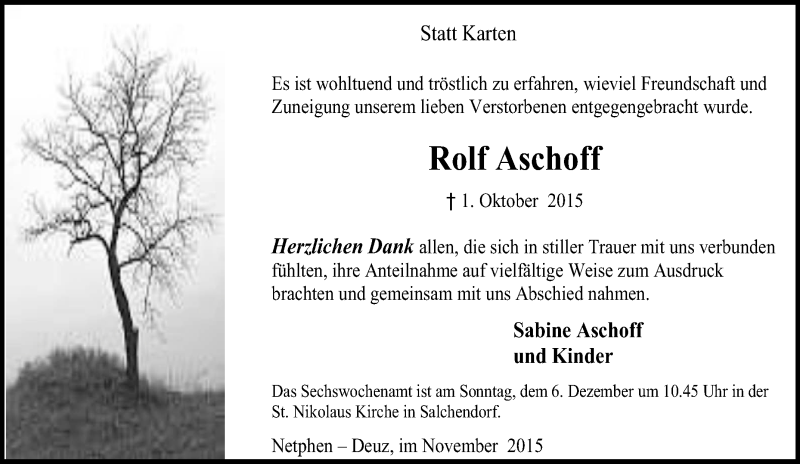  Traueranzeige für Rolf Aschoff vom 21.11.2015 aus Tageszeitung