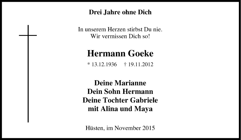  Traueranzeige für Hermann Goeke vom 19.11.2015 aus Tageszeitung