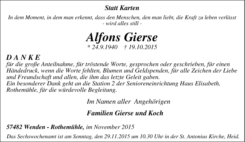  Traueranzeige für Alfons Gierse vom 25.11.2015 aus Tageszeitung