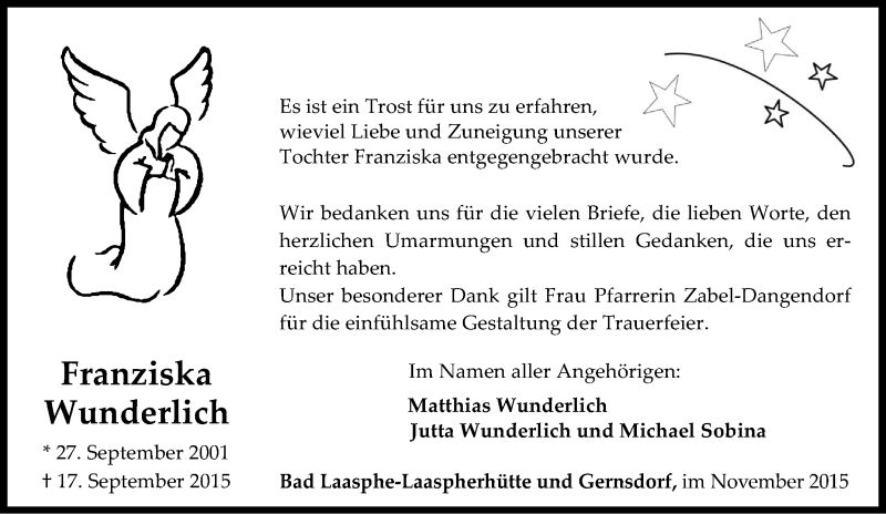 Traueranzeige für Franziska Wunderlich vom 18.11.2015 aus Tageszeitung