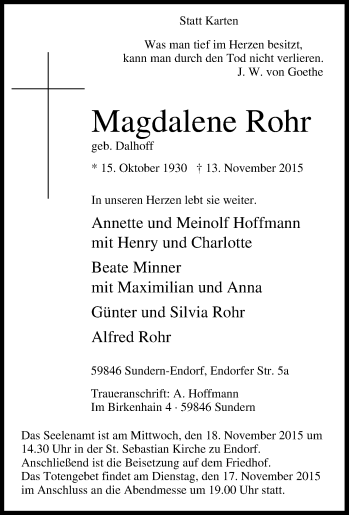 Traueranzeige von Magdalene Rohr von Tageszeitung
