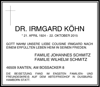 Traueranzeige von Irmgard Köhn von Tageszeitung