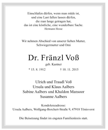 Traueranzeige von Fränzl Voß von Tageszeitung