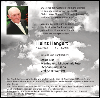 Traueranzeige von Heinz Hangert von Tageszeitung