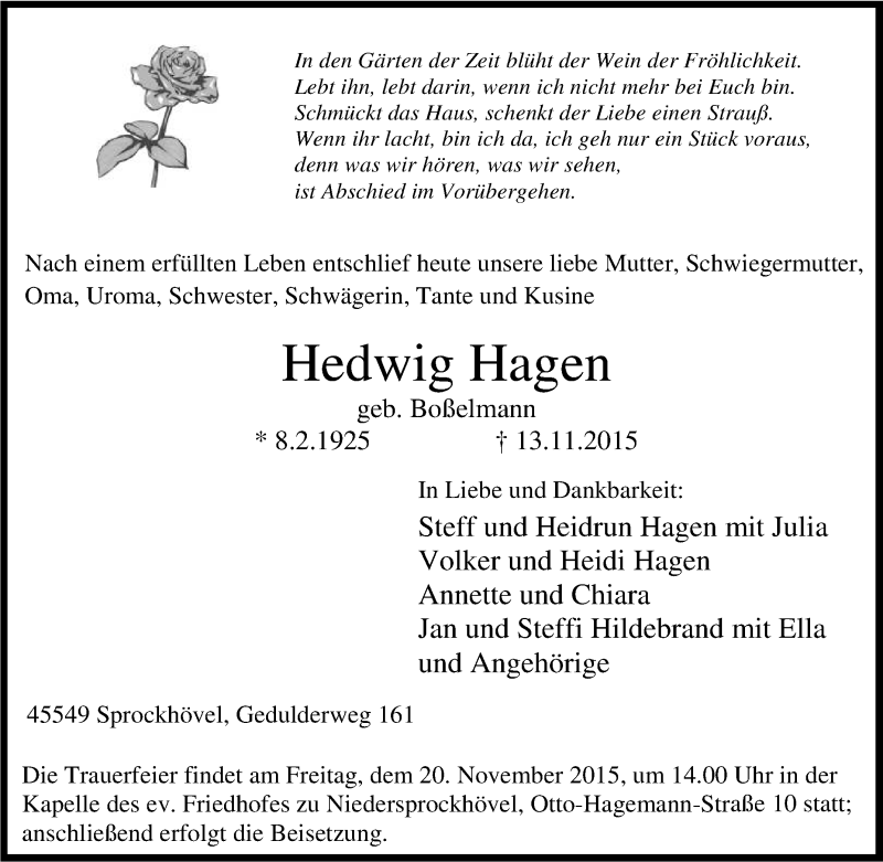  Traueranzeige für Hedwig Hagen vom 16.11.2015 aus Tageszeitung