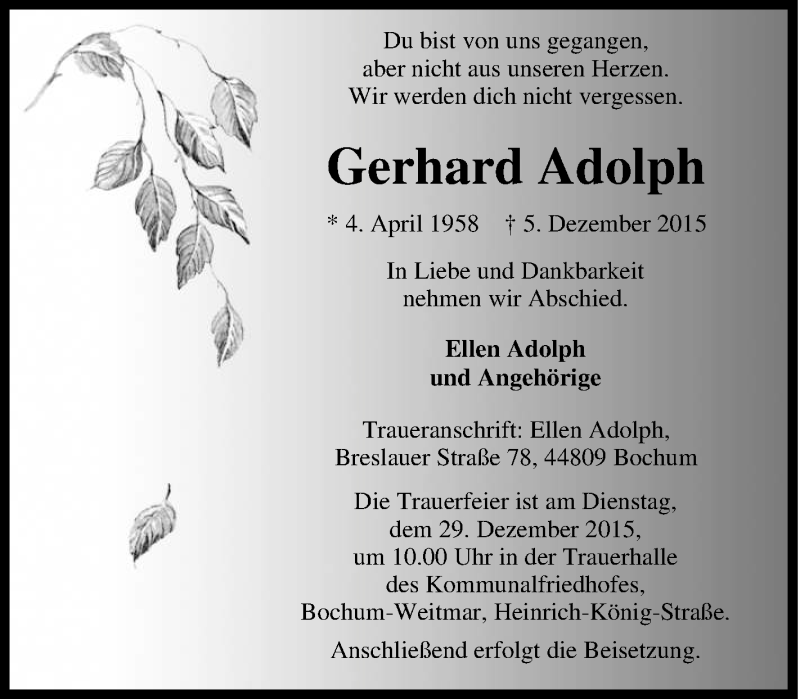  Traueranzeige für Gerhard Adolph vom 28.12.2015 aus Tageszeitung