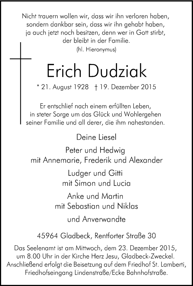 Traueranzeigen von Erich Dudziak TrauerinNRW.de