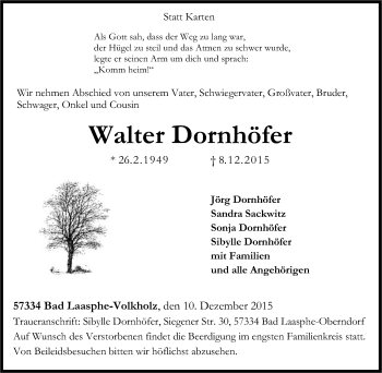 Traueranzeige von Walter Dornhöfer von waz
