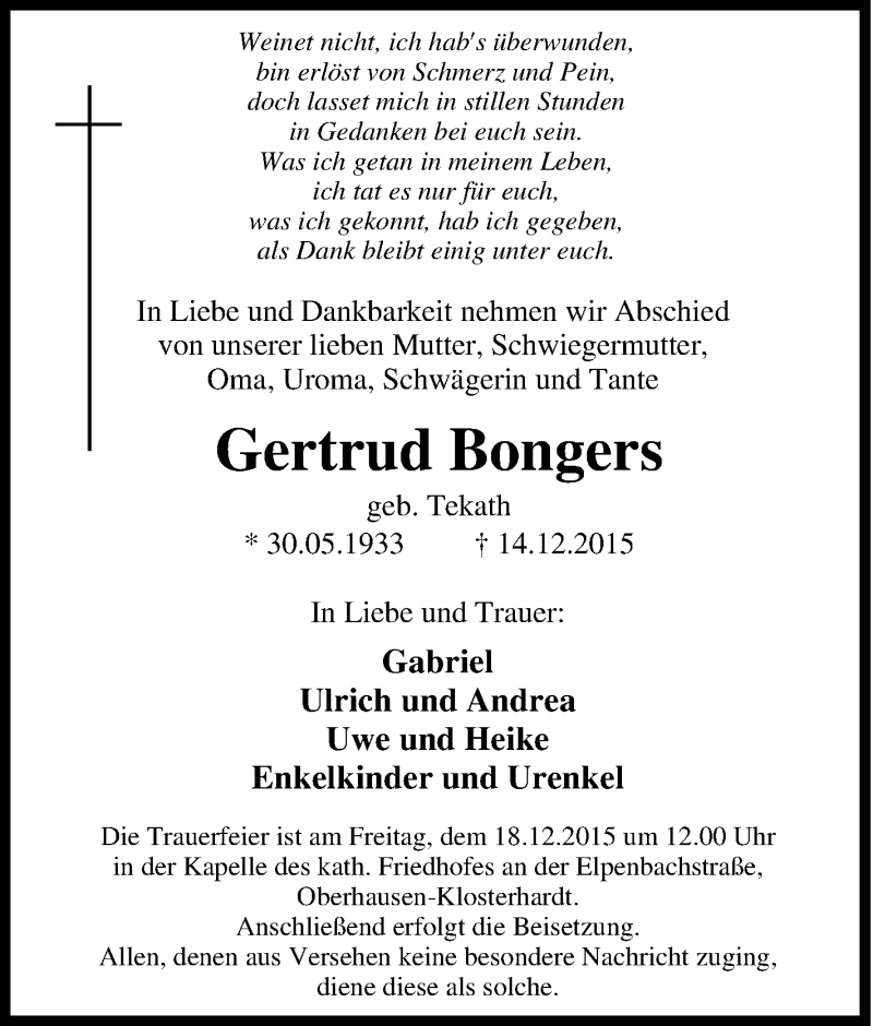  Traueranzeige für Gertrud Bongers vom 16.12.2015 aus Tageszeitung