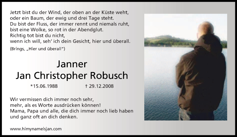  Traueranzeige für Jan Christopher Robusch vom 29.12.2015 aus Tageszeitung