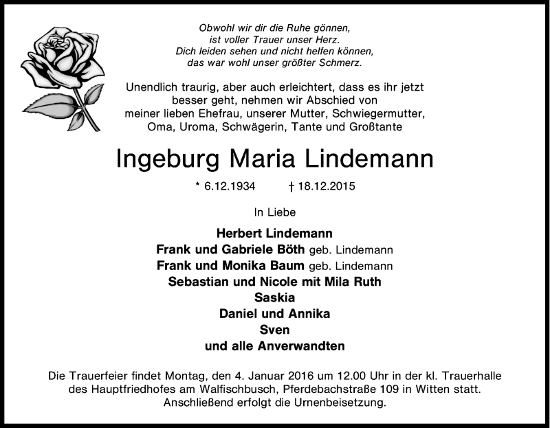  Traueranzeige für Ingeburg Maria Lindemann vom 30.12.2015 aus Tageszeitung