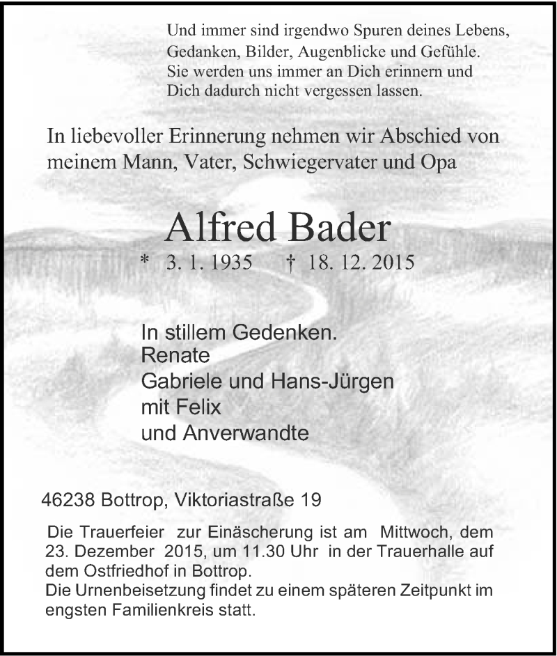  Traueranzeige für Alfred Bader vom 21.12.2015 aus Tageszeitung