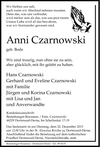 Traueranzeige von Anni Czarnowski von Tageszeitung