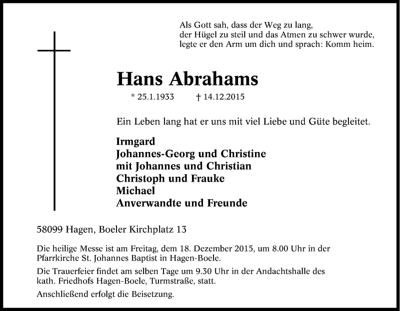  Traueranzeige für Hans Abrahams vom 16.12.2015 aus Tageszeitung