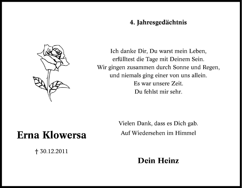  Traueranzeige für Erna Klowersa vom 30.12.2015 aus Tageszeitung