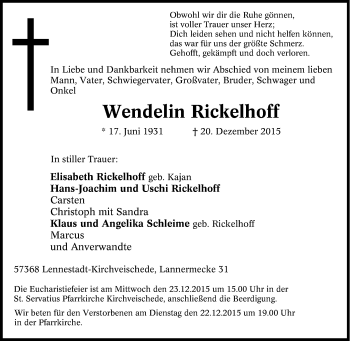 Traueranzeige von Wendelin Rickelhoff von Tageszeitung