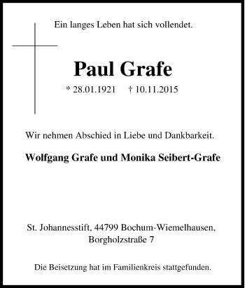 Traueranzeige von Paul Grafe von Tageszeitung