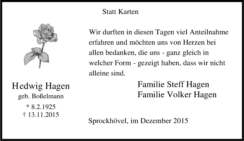  Traueranzeige für Hedwig Hagen vom 12.12.2015 aus Tageszeitung