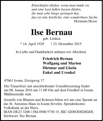 Traueranzeige von Ilse Bernau von Tageszeitung