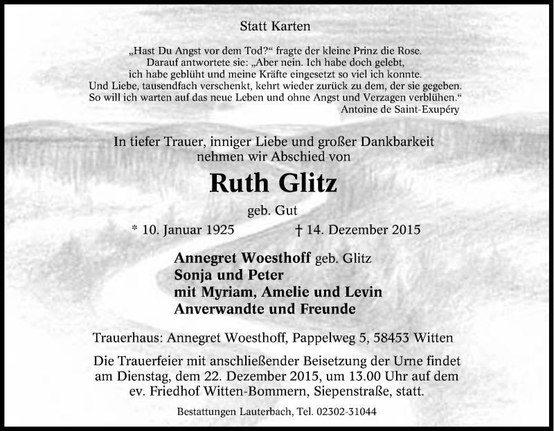  Traueranzeige für Ruth Glitz vom 16.12.2015 aus Tageszeitung