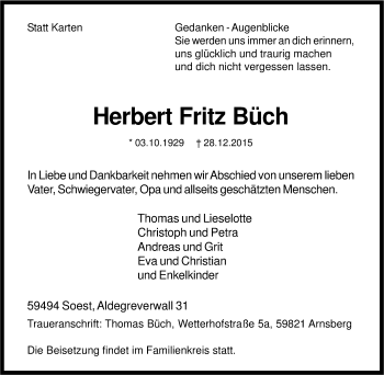 Traueranzeige von Herbert Fritz Büch von Tageszeitung