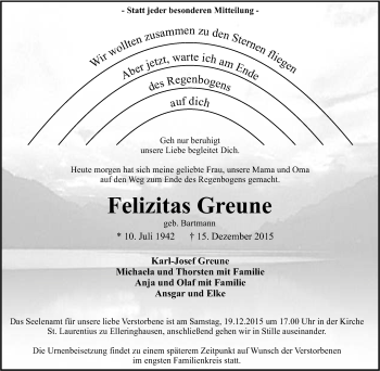 Traueranzeige von Felizitas Greune von Tageszeitung