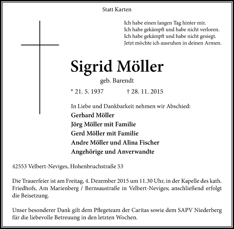  Traueranzeige für Sigrid Möller vom 02.12.2015 aus Tageszeitung