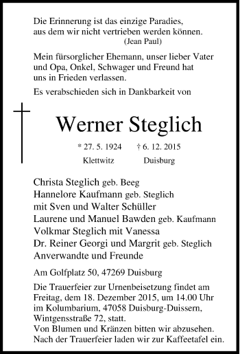 Traueranzeige von Werner Steglich von Tageszeitung