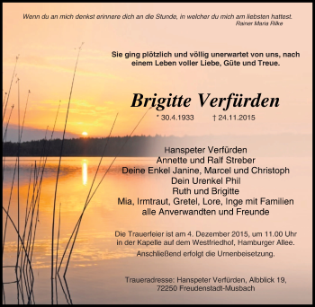 Traueranzeige von Brigitte Verfürden von Tageszeitung